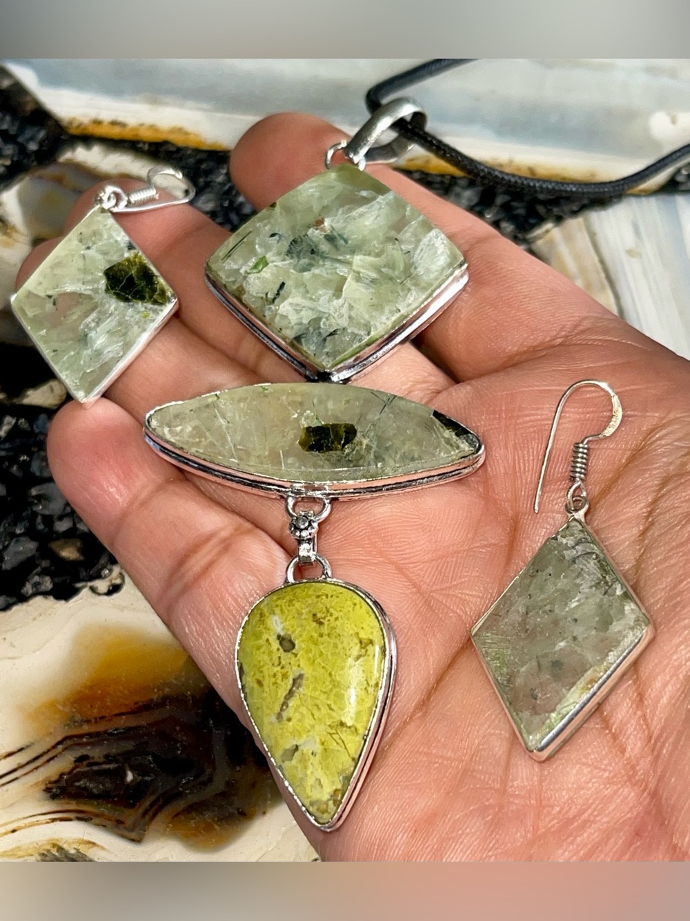 Atlantisite & Moss Prehnite Crystal Pendant & Earrings